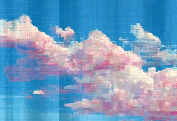 Digital painting of fluffy clouds against a vibrant blue sky.  A pixelated effect is evident