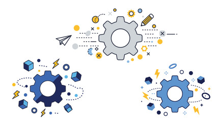 Abstract gear and process icons set  with cubes, paper plane and lightning elements- Representing technology, workflow, innovation and business strategy vector illustration
