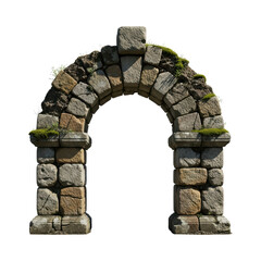 Ancient stone archway with moss-covered rocks on transparent background