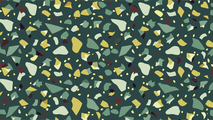 Dark Teal Terrazzo Pattern with Geometric and Irregular Shapes in Green Yellow and Burgundy background