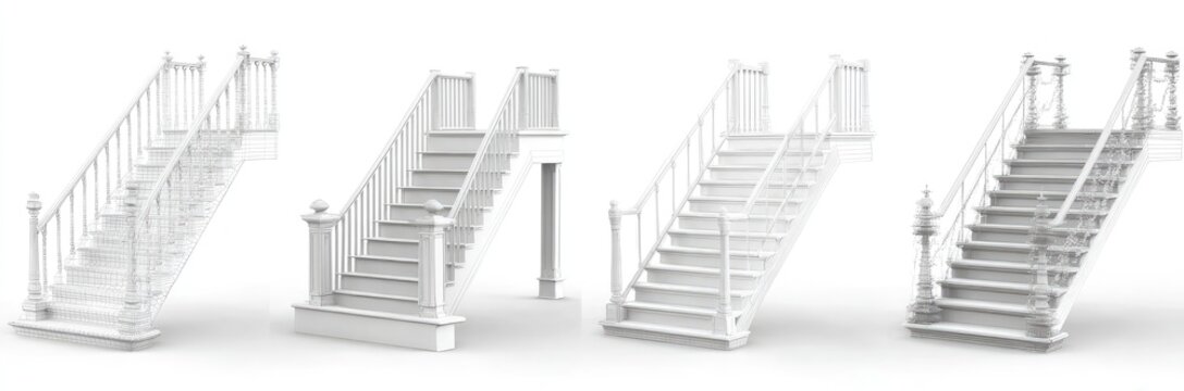 Four grayscale 3D models of staircases with varying designs and angles, showcasing different balustrade and newel post styles