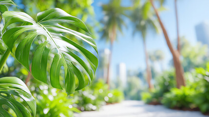 Vibrant green foliage showcasing a tropical paradise, emphasizing nature's beauty and serenity in a lush outdoor environment.