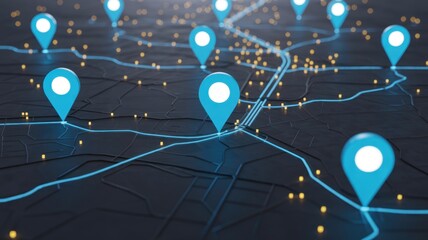 Digital Location Map: A network of interconnected location pins on a digital map, highlighting the concept of global connectivity and the digital realm. 