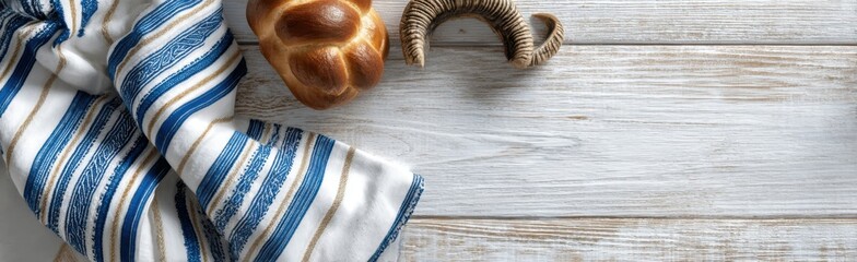 Jewish ritual objects on a light wooden surface