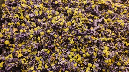 A mixture of dried herbs and flowers, possibly for tea preparation. It features predominantly purple and green hues. The purple likely consists of dried petals or leaves, while the green components in