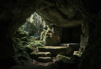 Cave interior, sunlight streams in