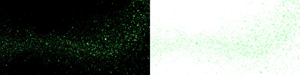Green glittering particles overlay on a contrasting black and white background, creating a dynamic visual effect for creative design projects and artistic expressions