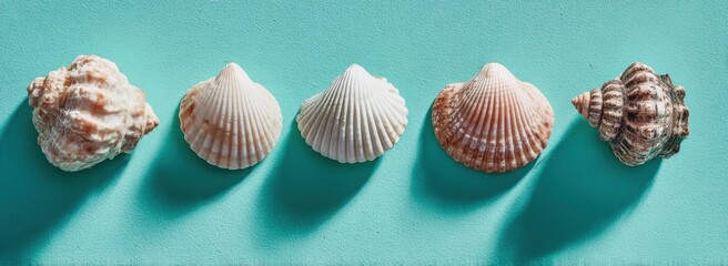 Seashells arranged on a mint-green surface