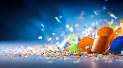 Vibrant party supplies scattered on a table, showcasing colorful confetti and decorations for celebrations and festive occasions.