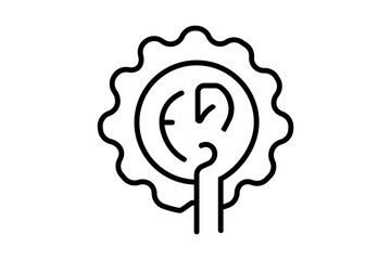 This image shows a minimalist line art of a finger pressing a power button inside a gear shape.