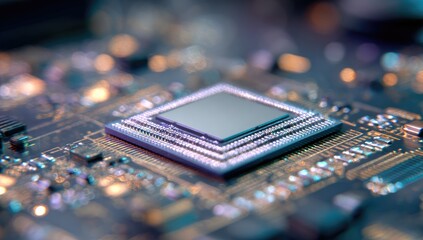 Close-up of a central processing unit (CPU) meticulously mounted onto a circuit board, showcasing intricate circuitry and technological precision