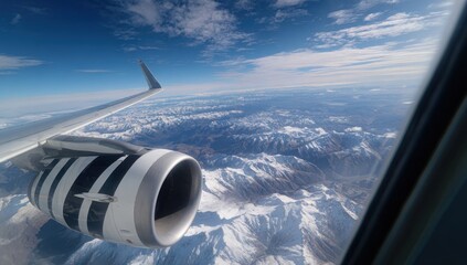 Airplane window view of snow-capped mountains