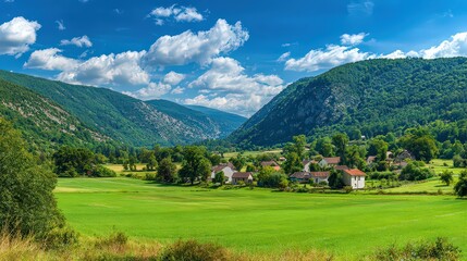 Panoramic View Of Lush Green Valley With Picturesque Village Under A Vibrant Sunny Sky