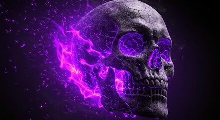 Fiery skull,  glowing with vibrant violet flames,  cracked surface,  dark background.