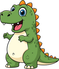 Cute cartoon dinosaur with green skin, orange spikes, big eyes, smiling face, friendly character, vector illustration for kids, education, and play themes