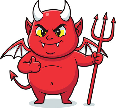 Naklejki Cute cartoon devil with red skin, horns, wings, and trident, giving thumbs up, funny monster character, vector illustration for Halloween or kids