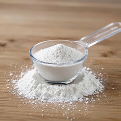measuring spoon with white powder on wooden background