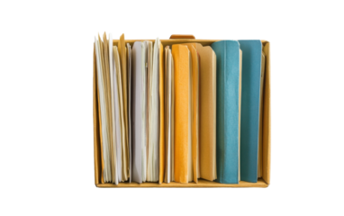 Colourful file folders with documents on white background.png