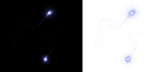 Abstract blue light trails with sparkling stars on contrasting black and white backgrounds, creating a dynamic visual effect for creative projects and digital designs