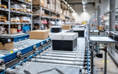 Automated conveyor belt in a warehouse, carrying boxes