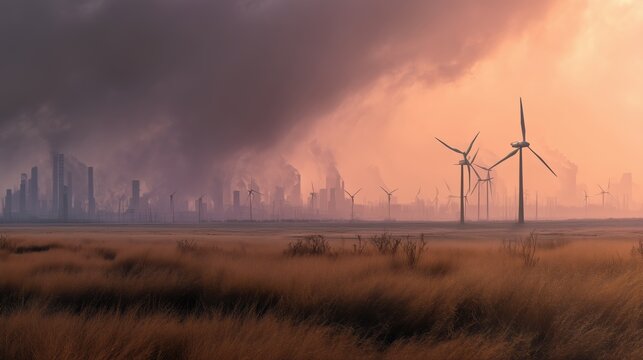 Dystopian Landscape: Wind Turbines Against Polluted Industrial C - Powered by Adobe