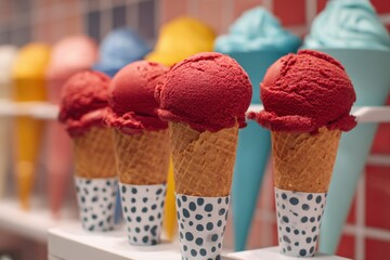 Colorful ice cream cones in a display