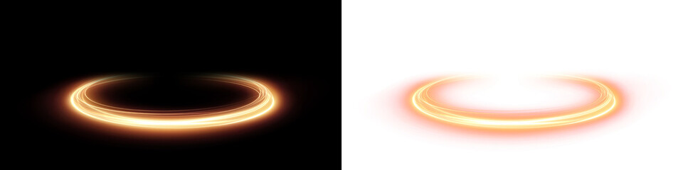 Naklejka premium Glowing circular light ring overlay on black and white backgrounds, creating a vibrant visual effect for creative design projects and digital artwork enhancement
