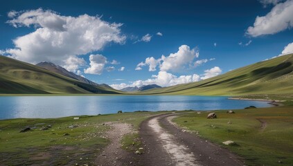 Fototapeta premium Serene mountain lake scene; a dirt road curves towards it, nestled between verdant hills under a vibrant blue sky dotted with fluffy clouds