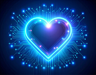 Glowing digital heart formed by circuit board, radiating light.
