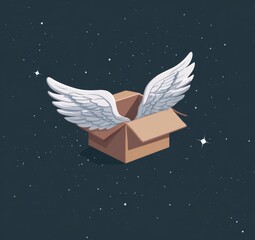 Cardboard box with wings in space (1)