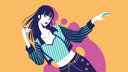 Fashionable Woman in Striped Top and Jeans with Abstract Shapes female style