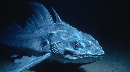 chimaera. A deep-sea chimaera glowing with bioluminescent forehead lights in the dark ocean abyss. wildlife magazines, conservation campaigns, designed for eco-tourism storytelling.