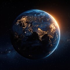 Obraz premium A nighttime view of Earth from space, showing city lights illuminating the Asian continent, with a sunrise illuminating part of the planet against a backdrop of stars and a dark cosmos