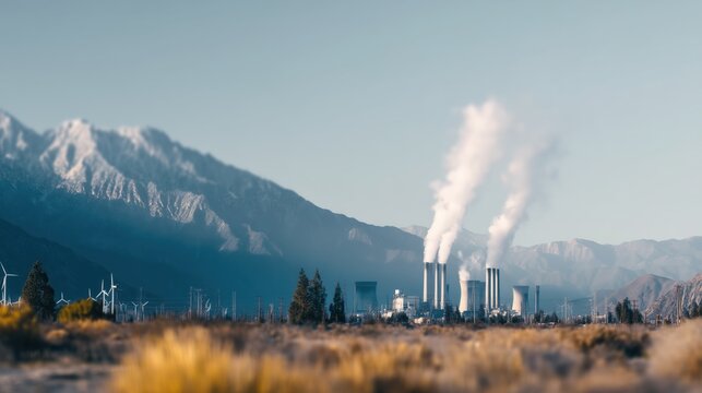 Industrial power plant with smoking chimneys and wind turbines i