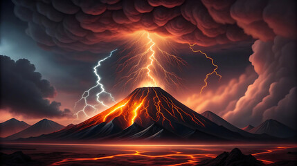 Volcano eruption with lightning strikes and lava flow