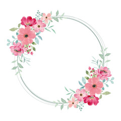 Beautiful watercolor pink floral wreath with circle