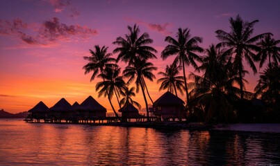 Tropical sunset over overwater bungalows (5)