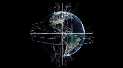 quadrants. Fractured globe with mismatched seasonal quadrants spinning chaotically amid erratic satellite data. ESG reports, sustainability campaigns, designed for environmental awareness campaigns.