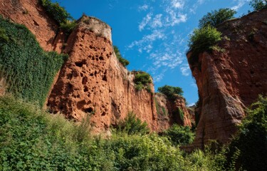 Red cliffs rising against a vibrant sky. Lush vegetation clings to the base