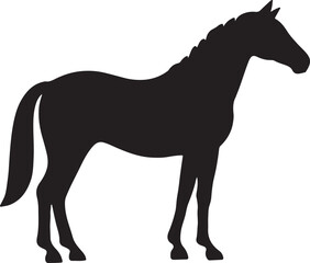Elegant black silhouette of a standing horse with a braided mane on a white background