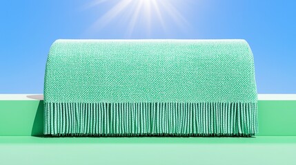 Light Green Textured Rectangular Rug with Fringes on Pale Green Surface and Blue Sky Background