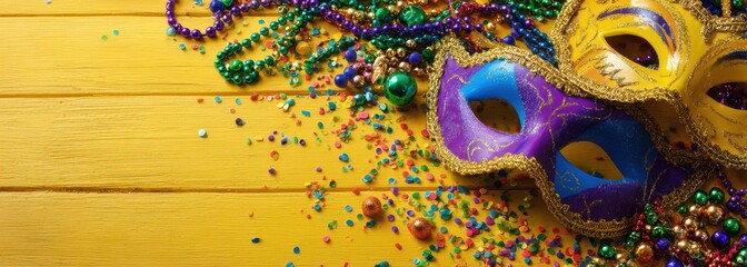 Carnival masks and beads on a yellow wooden surface