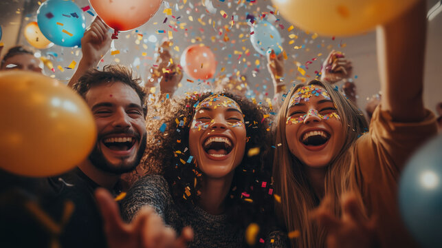 group of diverse coworkers celebrating New Year in office with balloons and confetti, joyful mood