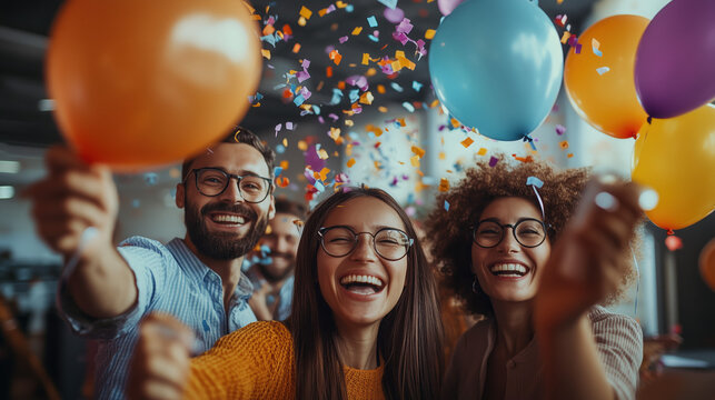 group of diverse coworkers celebrating New Year in office with balloons and confetti, joyful mood