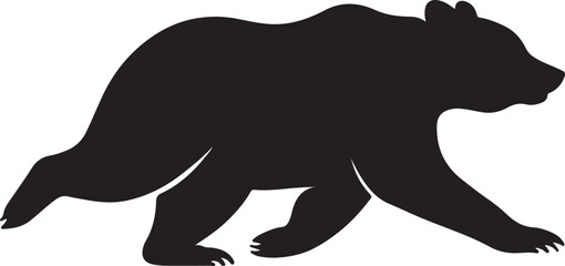 Silhouette of a powerful grizzly bear walking with its head down in a dynamic pose against a white background