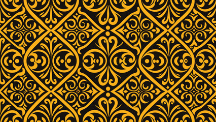 Geometric pattern with golden yellow ornate scrollwork on a black background vector illustration