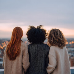 Three friends stand together on a rooftop, looking out at the beautiful sunset over the city. The evening sky is colorful, and city lights begin to twinkle as they enjoy the moment