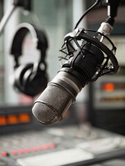 podcast recording studio setup, featuring multiple microphones, soundproofing panels, and headphones, ready for a session. This conveys the professional production of this modern media that 