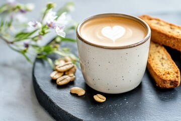 Delicious cappuccino with heart latte art and biscotti on marble table