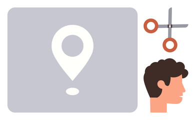 Geographical pin in focus, scissors symbolizing action, male head representing thought or decision. Ideal for travel, location, decision-making, creativity, problem-solving, navigation simple flat